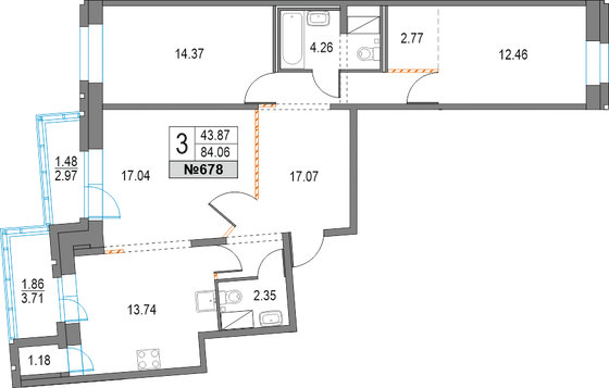 84,1 м², 3-комн. квартира, 2/25 этаж