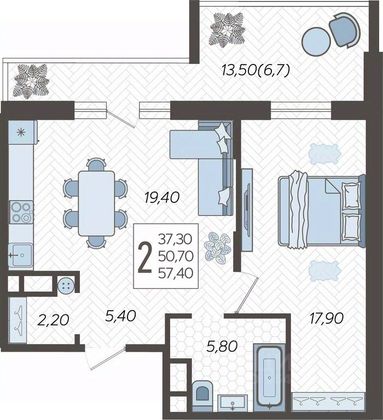 Продажа 2-комнатной квартиры 57,4 м², 9/16 этаж
