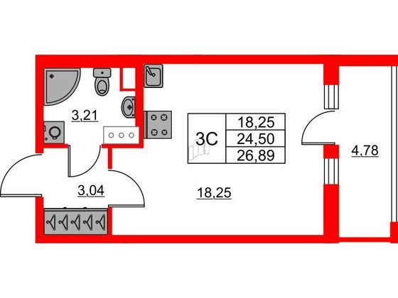 Продажа квартиры-студии 24,5 м², 13/23 этаж