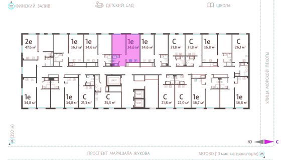 34,6 м², 1-комн. квартира, 13/23 этаж