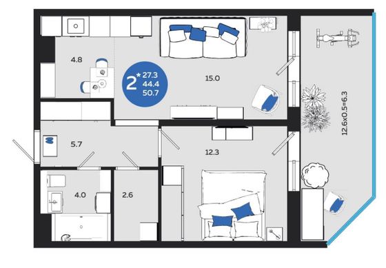Продажа 2-комнатной квартиры 50,7 м², 2/24 этаж