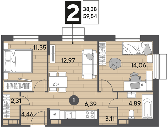 Продажа 2-комнатной квартиры 59,5 м², 2/9 этаж
