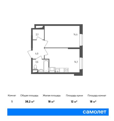 Продажа 1-комнатной квартиры 38,2 м², 4/23 этаж
