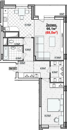 Продажа 2-комнатной квартиры 68,5 м², 15/19 этаж