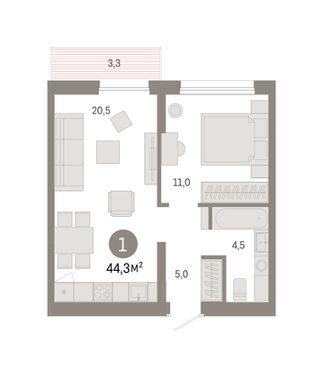 Продажа 1-комнатной квартиры 44,3 м², 5/9 этаж
