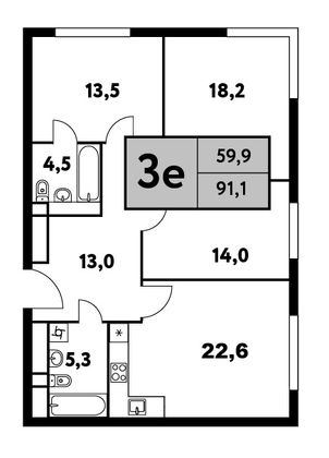 91,1 м², 4-комн. квартира, 26/35 этаж