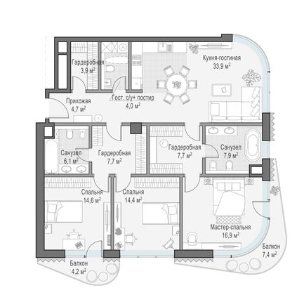 Продажа 3-комнатной квартиры 125,2 м², 8/14 этаж