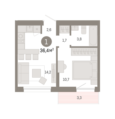 Продажа 1-комнатной квартиры 36,4 м², 6/9 этаж