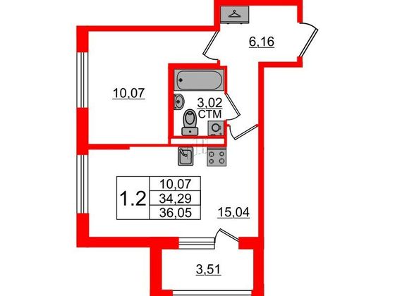 Продажа 1-комнатной квартиры 34,3 м², 1/4 этаж