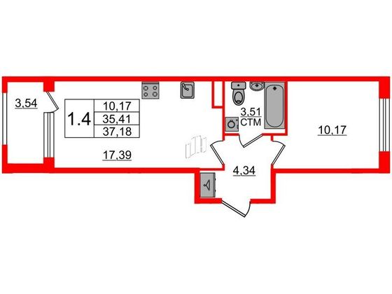 Продажа 1-комнатной квартиры 35,4 м², 2/4 этаж