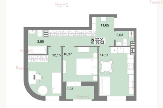 Продажа 2-комнатной квартиры 56 м², 16/23 этаж