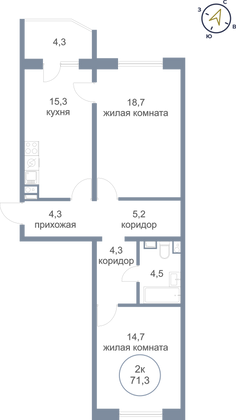 71,3 м², 2-комн. квартира, 11/16 этаж