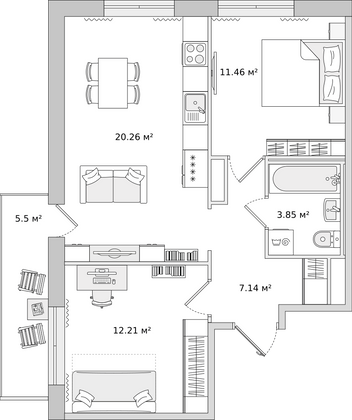 60,4 м², 2-комн. квартира, 11/16 этаж