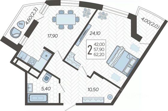 Продажа 2-комнатной квартиры 62,2 м², 4/16 этаж