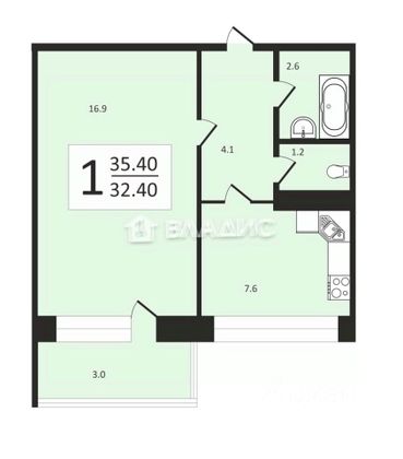 Продажа 1-комнатной квартиры 35,4 м², 3/9 этаж