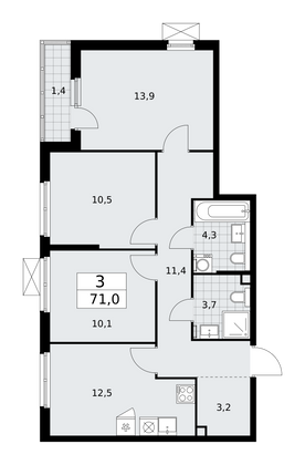 71 м², 3-комн. квартира, 2/16 этаж