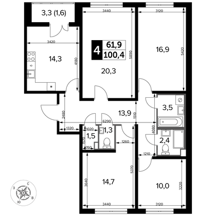 100,4 м², 4-комн. квартира, 20/24 этаж