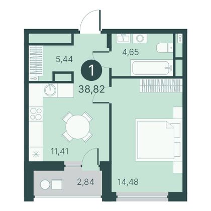 38,8 м², 1-комн. квартира, 2/10 этаж