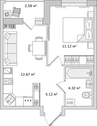 35,8 м², 1-комн. квартира, 12/23 этаж