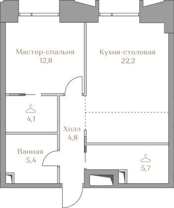 55 м², 1-комн. квартира, 5/17 этаж