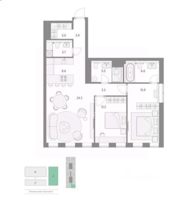 Продажа 2-комнатной квартиры 90,5 м², 6/22 этаж