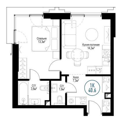 Продажа 1-комнатной квартиры 40,6 м², 4/30 этаж