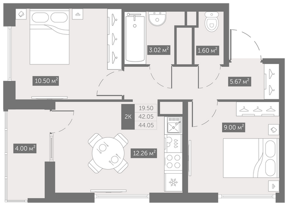 44 м², 2-комн. квартира, 10/10 этаж