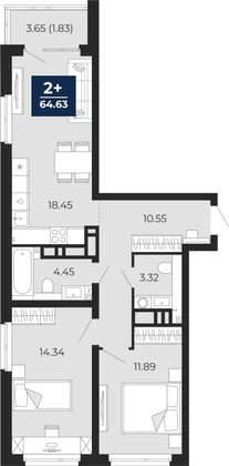 64,6 м², 2-комн. квартира, 15/22 этаж