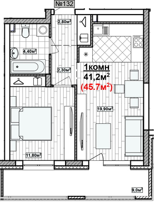 Продажа 1-комнатной квартиры 45,7 м², 1/19 этаж