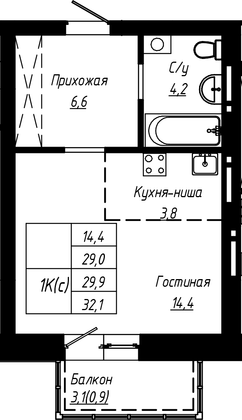 Продажа 1-комнатной квартиры 29,9 м², 13/16 этаж