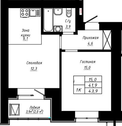 Продажа 1-комнатной квартиры 43,9 м², 6/16 этаж