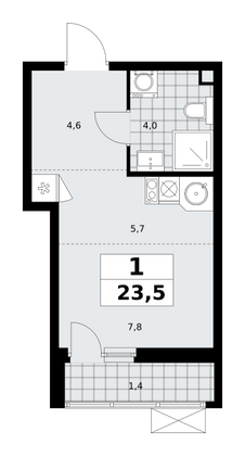 23,5 м², 1-комн. квартира, 2/12 этаж