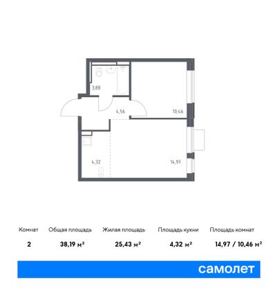 38,2 м², 1-комн. квартира, 12/12 этаж