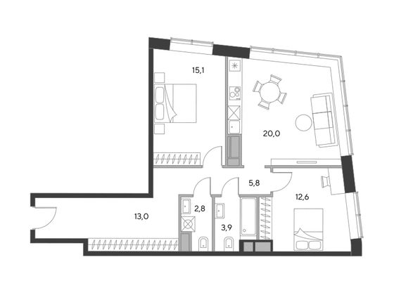 73,3 м², 2-комн. квартира, 6/21 этаж