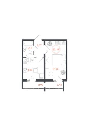 Продажа 1-комнатной квартиры 35,1 м², 10 этаж