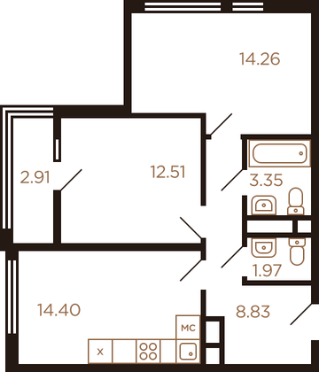 54,9 м², 2-комн. квартира, 8/8 этаж