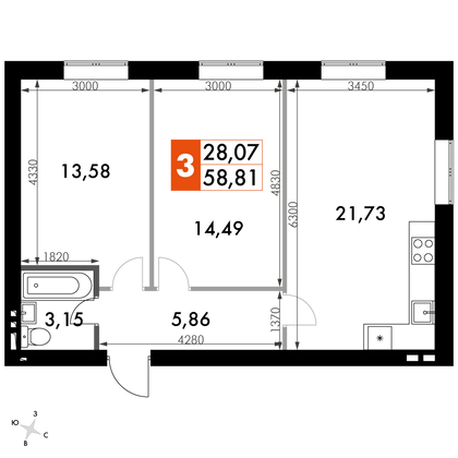 58,8 м², 2-комн. квартира, 2/4 этаж