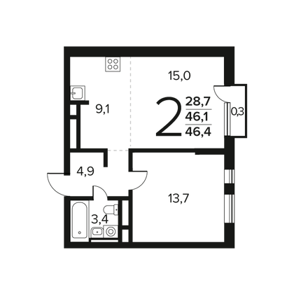 Продажа 2-комнатной квартиры 46,4 м², 9/9 этаж