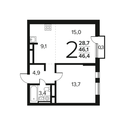 46,4 м², 2-комн. квартира, 9/9 этаж