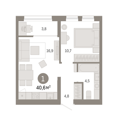 Продажа 1-комнатной квартиры 40,6 м², 6/9 этаж