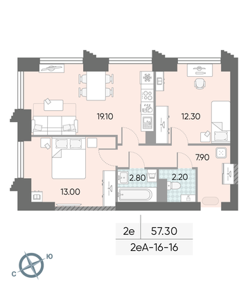 Продажа 2-комнатной квартиры 57,3 м², 16/58 этаж