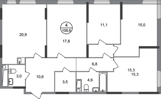 108,6 м², 4-комн. квартира, 16/17 этаж