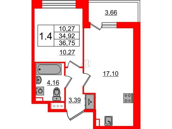 Продажа 1-комнатной квартиры 34,9 м², 14/15 этаж