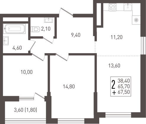 67,5 м², 2-комн. квартира, 5/8 этаж