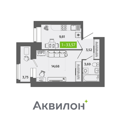 33,6 м², 1-комн. квартира, 6/9 этаж