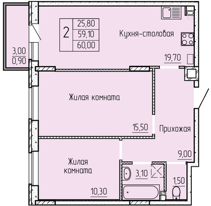 60,3 м², 2-комн. квартира, 2/4 этаж