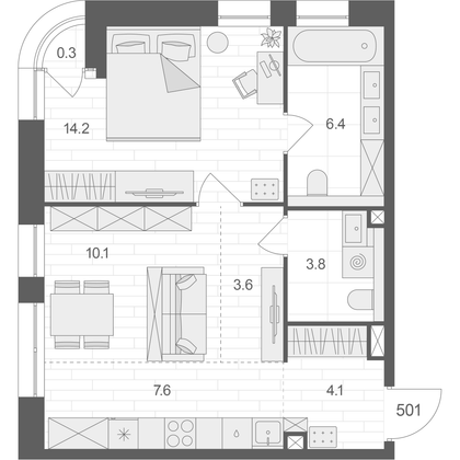 50 м², 1-комн. квартира, 5/12 этаж