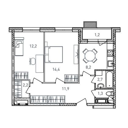 54,1 м², 2-комн. квартира, 7/17 этаж