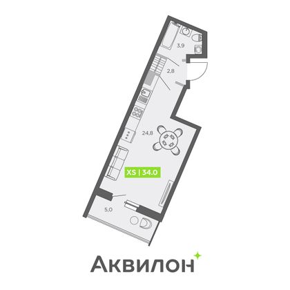 34 м², студия, 10/13 этаж