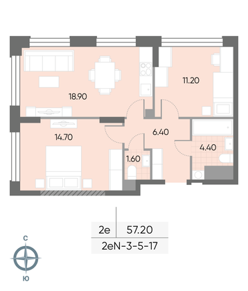 57,2 м², 2-комн. квартира, 6/30 этаж